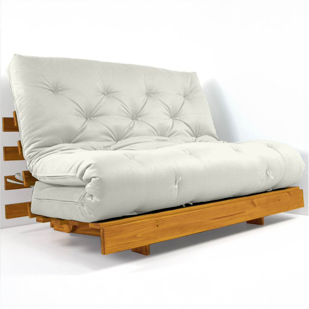 Sofá Cama Casal Futon Tokio Madeira Cor Mel Acquablock Branco Off