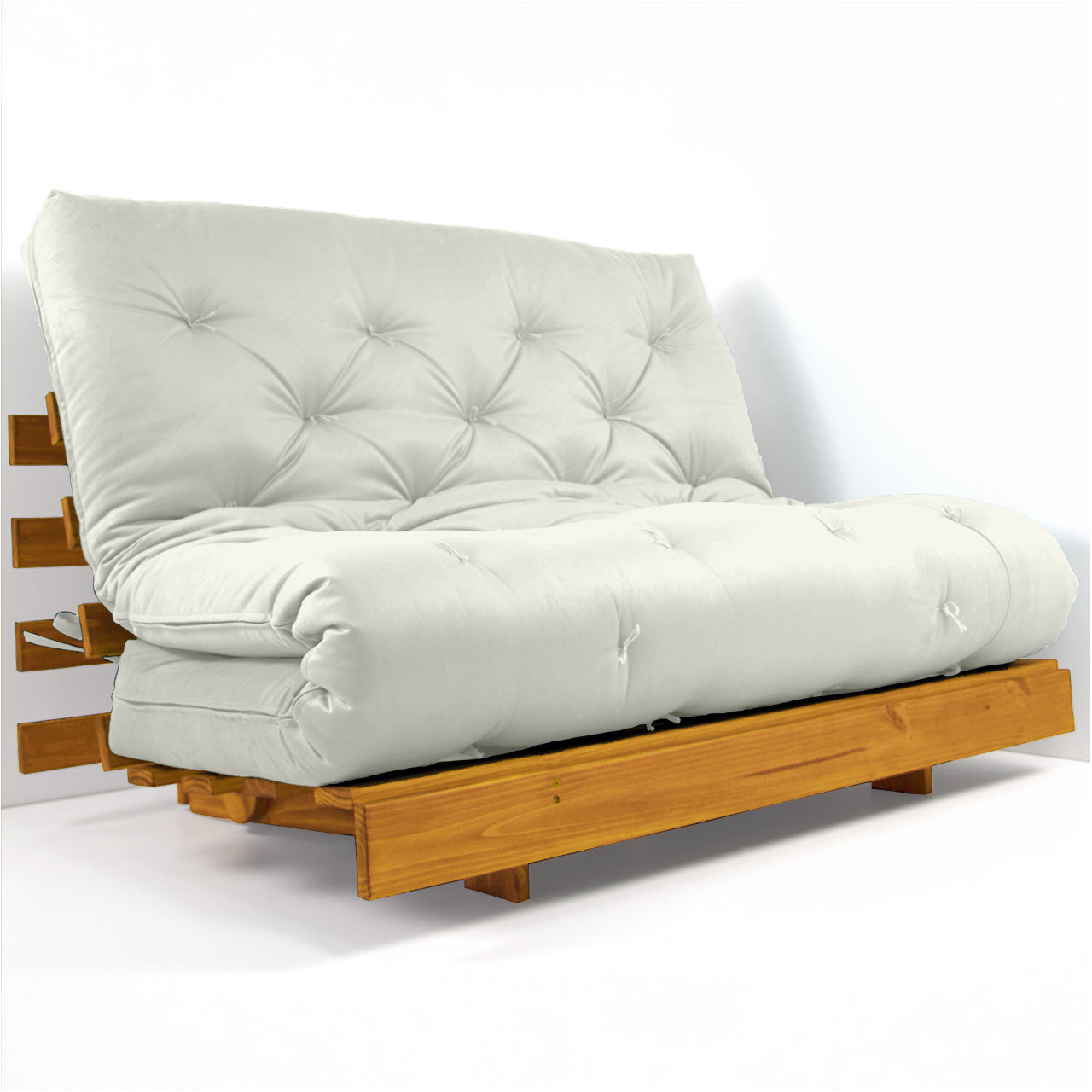 Sofá Cama Casal Futon Tokio Madeira Cor Mel Acquablock Branco Off