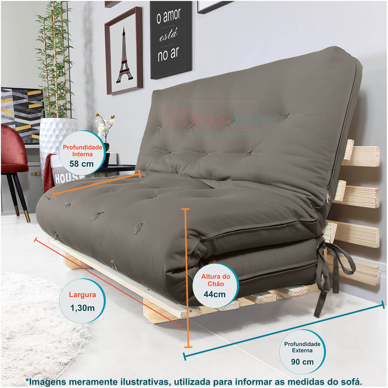 Sofa Cama Casal Futon Oriental Madeira Maciça Sarja Cinza