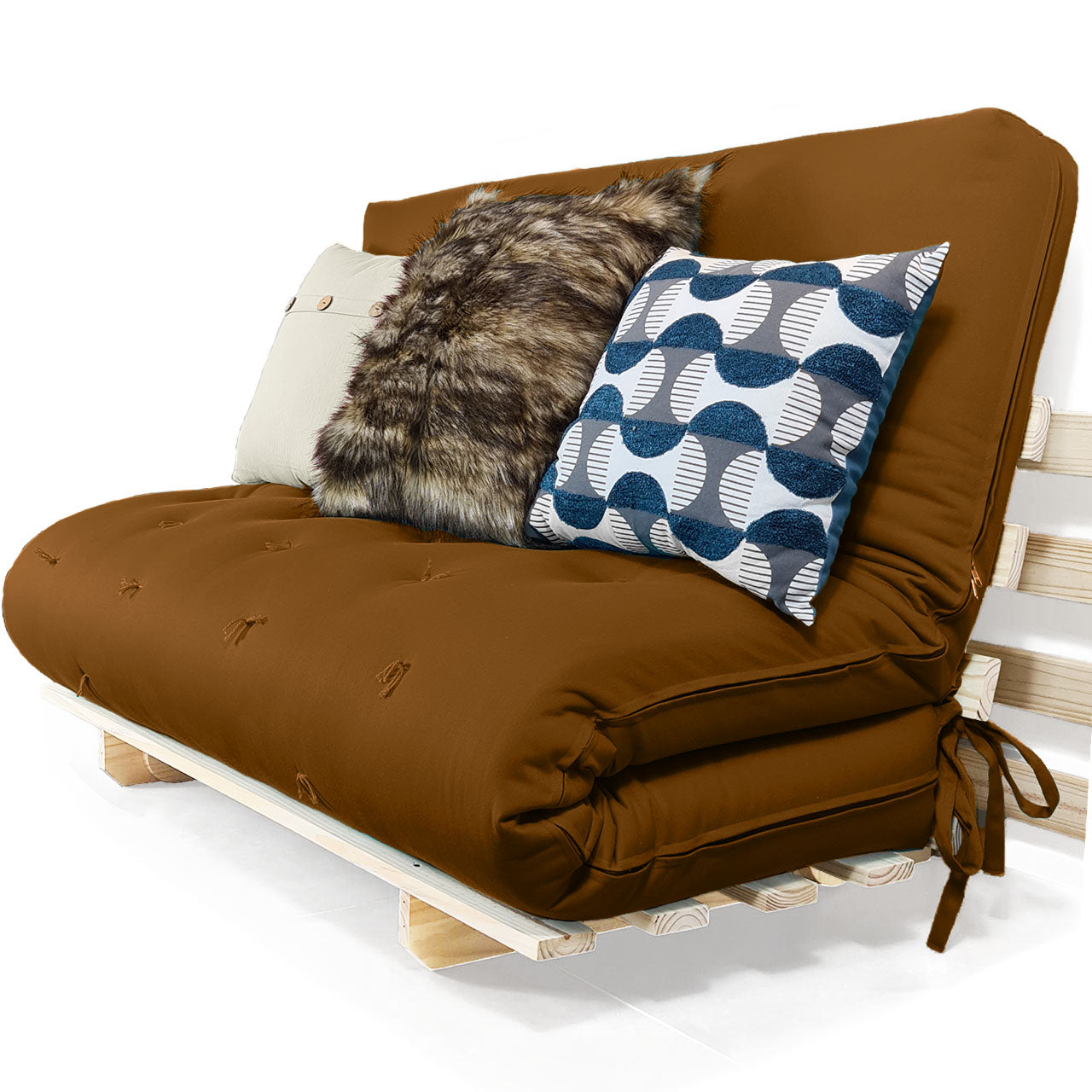 Sofa Cama Casal Futon Oriental D33 Com Madeira Maciça - Caramelo