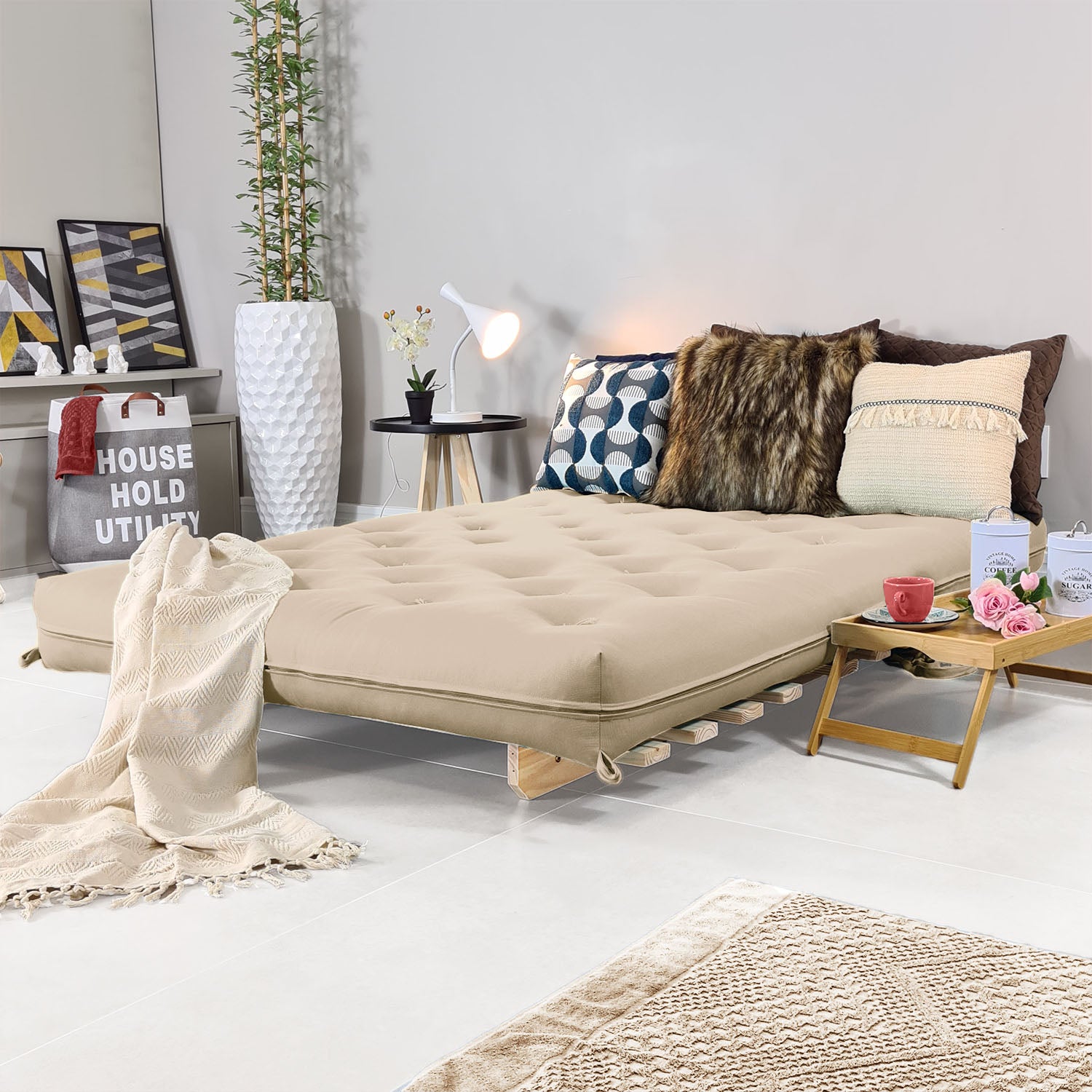 Sofa Cama Casal Futon Oriental  Madeira Maciça Sarja Bege
