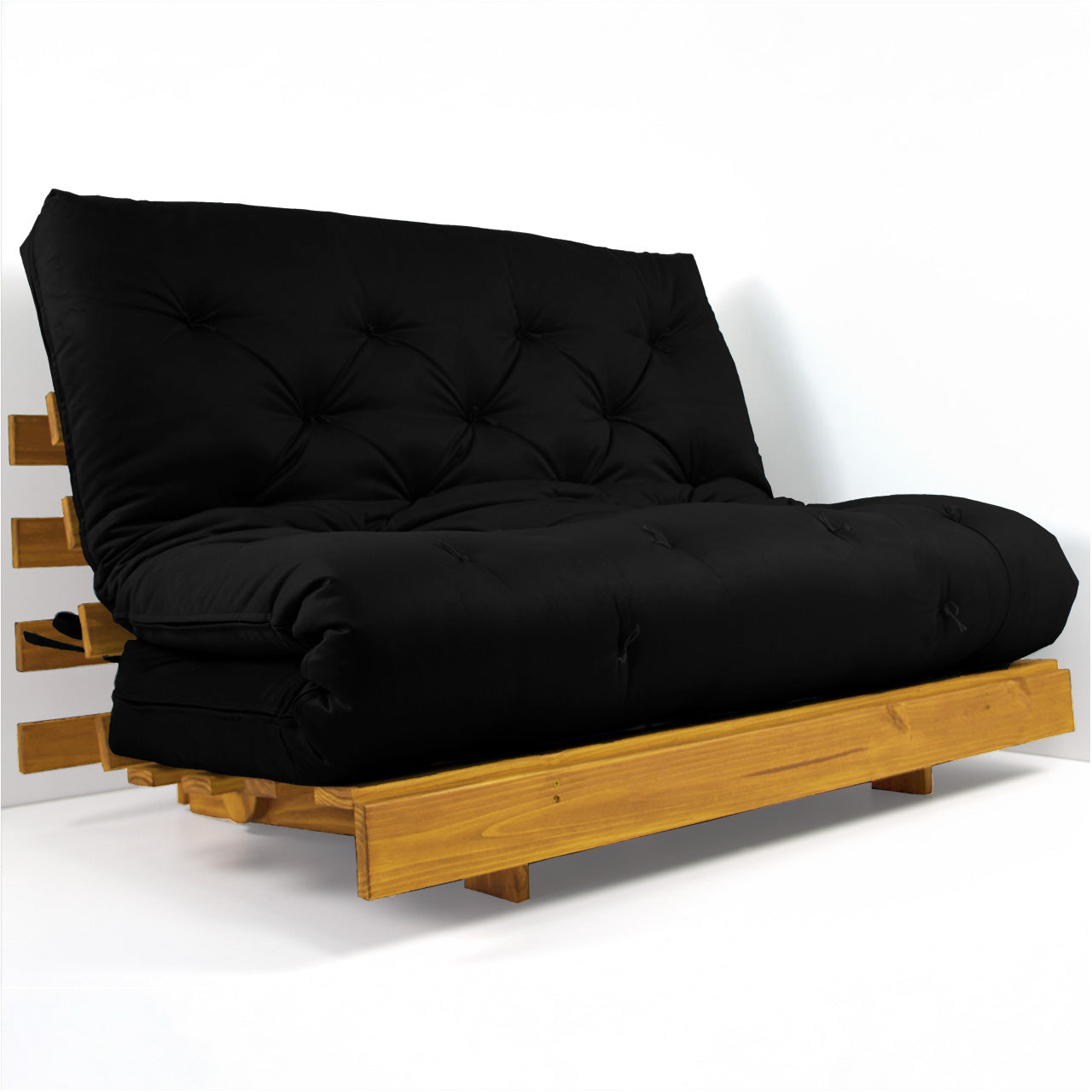 Sofá Cama Casal Futon Tokio Madeira Cor Mel Sarja Preto