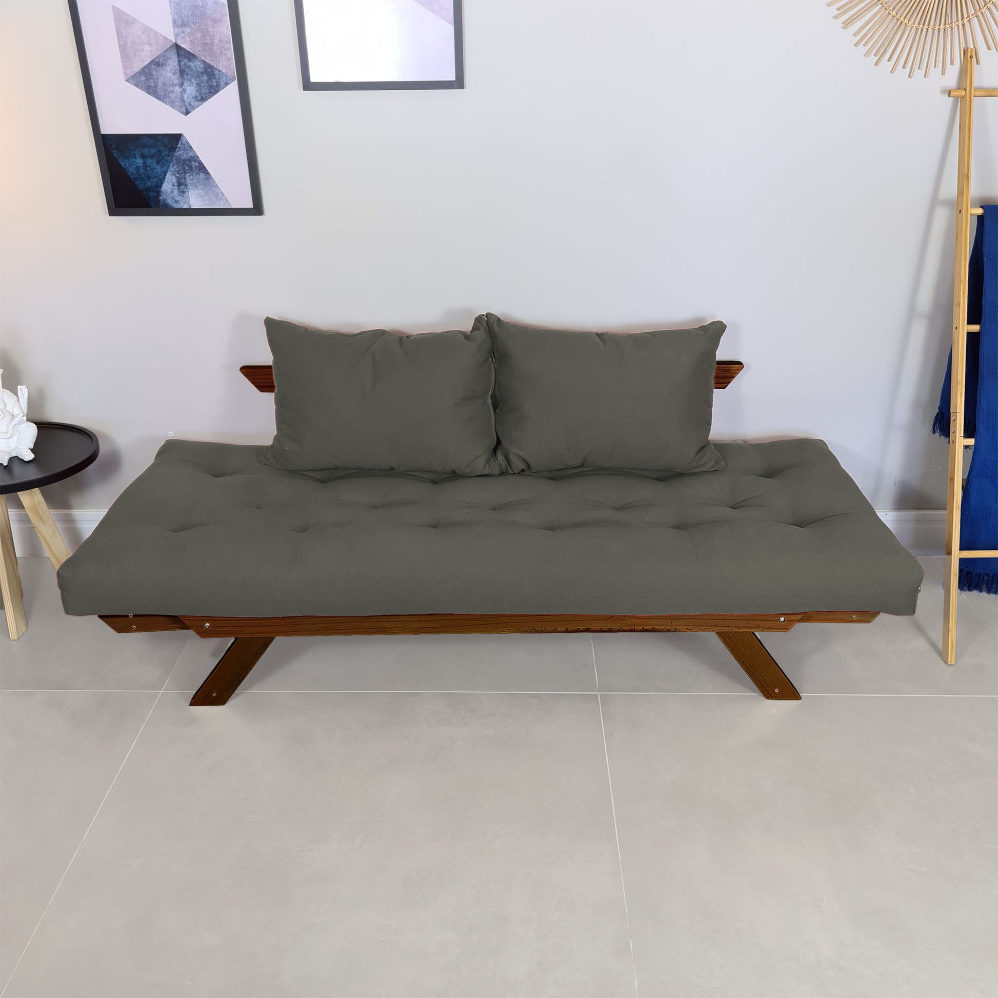 Sofá Japão Futon Sarja Madeira Cor Imbuia - Cinza
