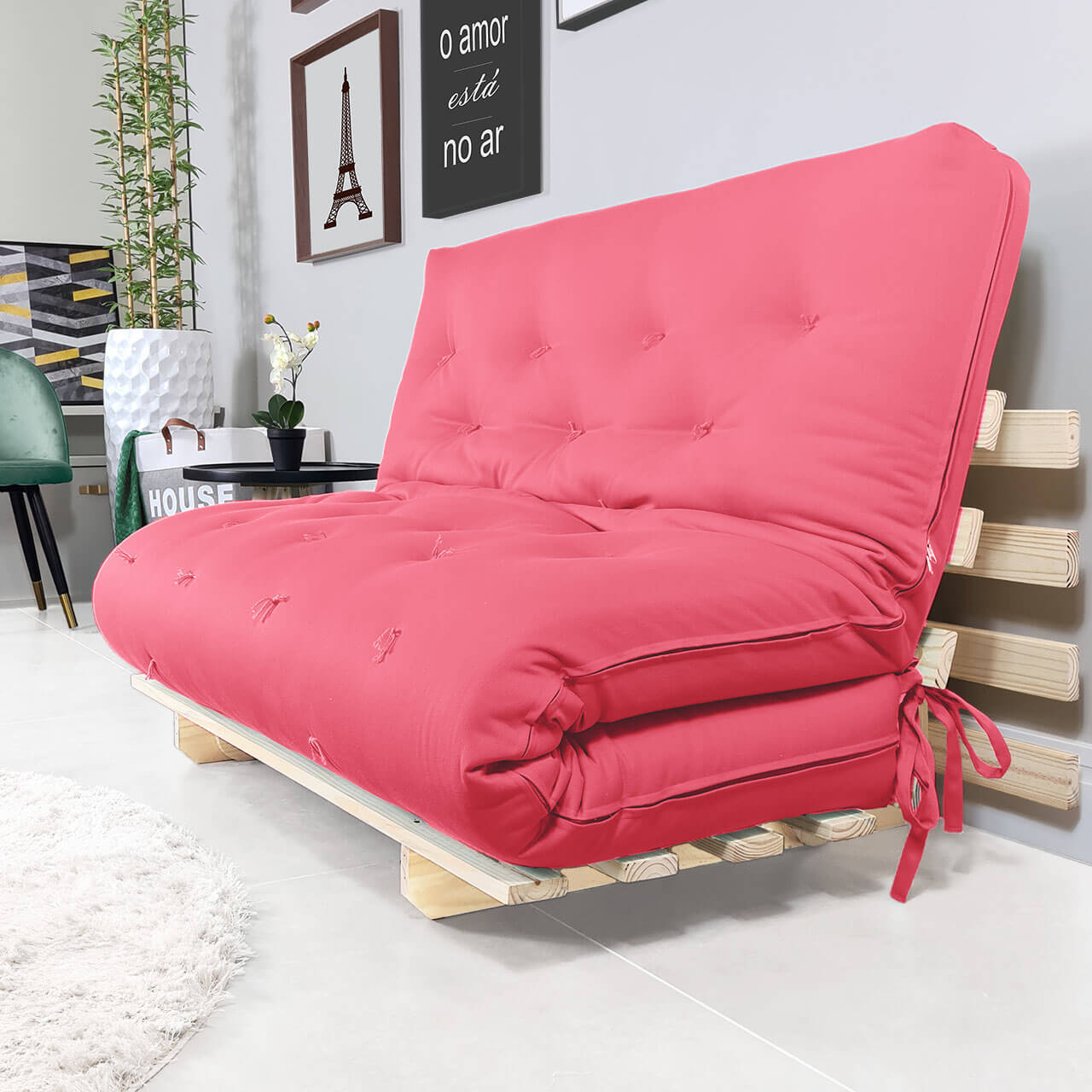 Sofa Cama Casal Futon Oriental Madeira Maciça Sarja Goiaba