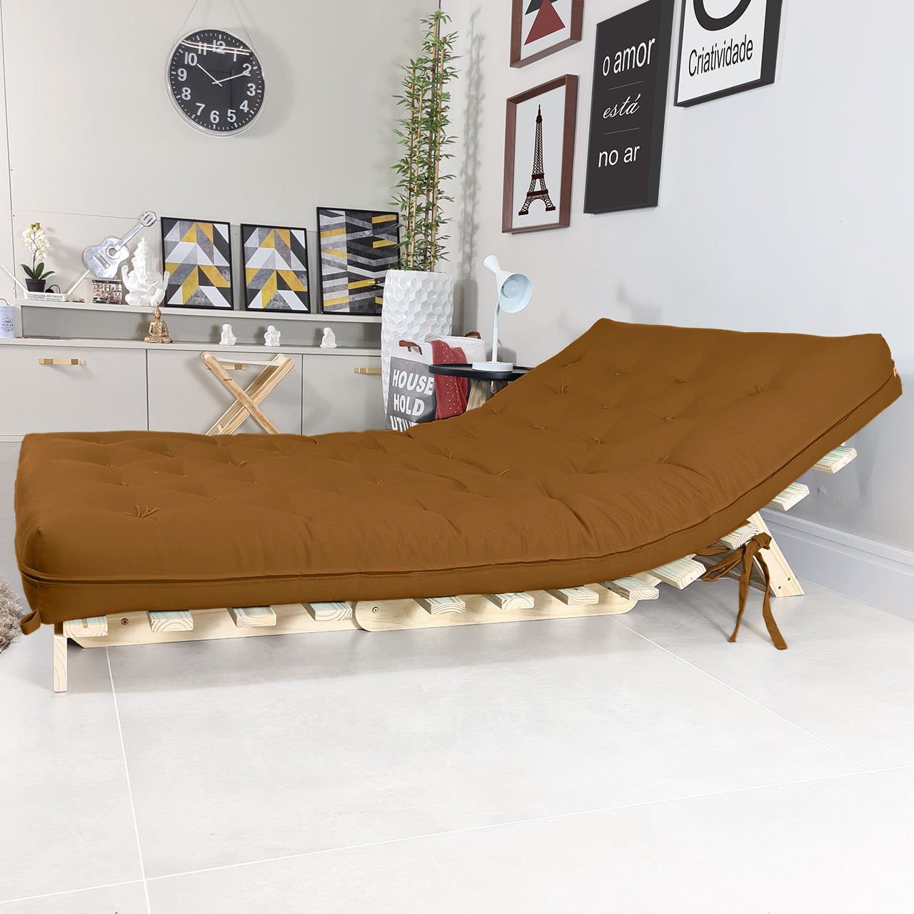 Sofa Cama Casal Futon Oriental D33 Com Madeira Maciça - Caramelo