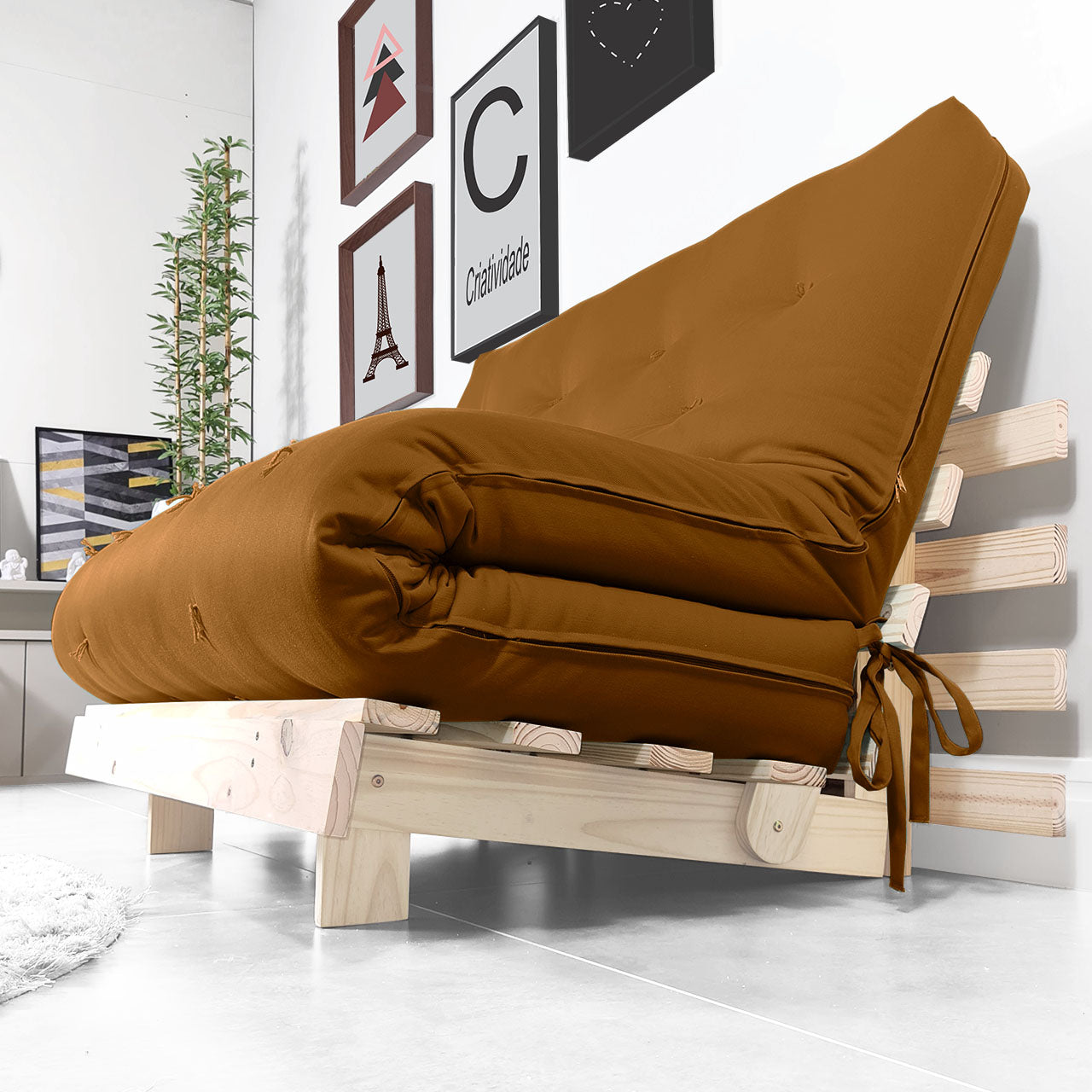 Sofa Cama Futon Casal Tokio Madeira Maciça Sarja Caramelo