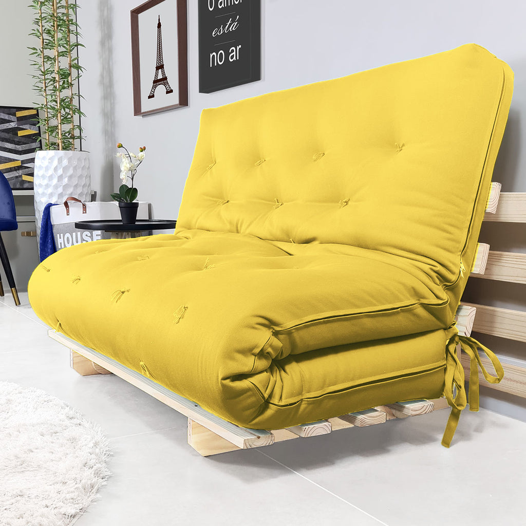 Sofa Cama Casal Futon Oriental Madeira Maciça Acquablock Amarelo
