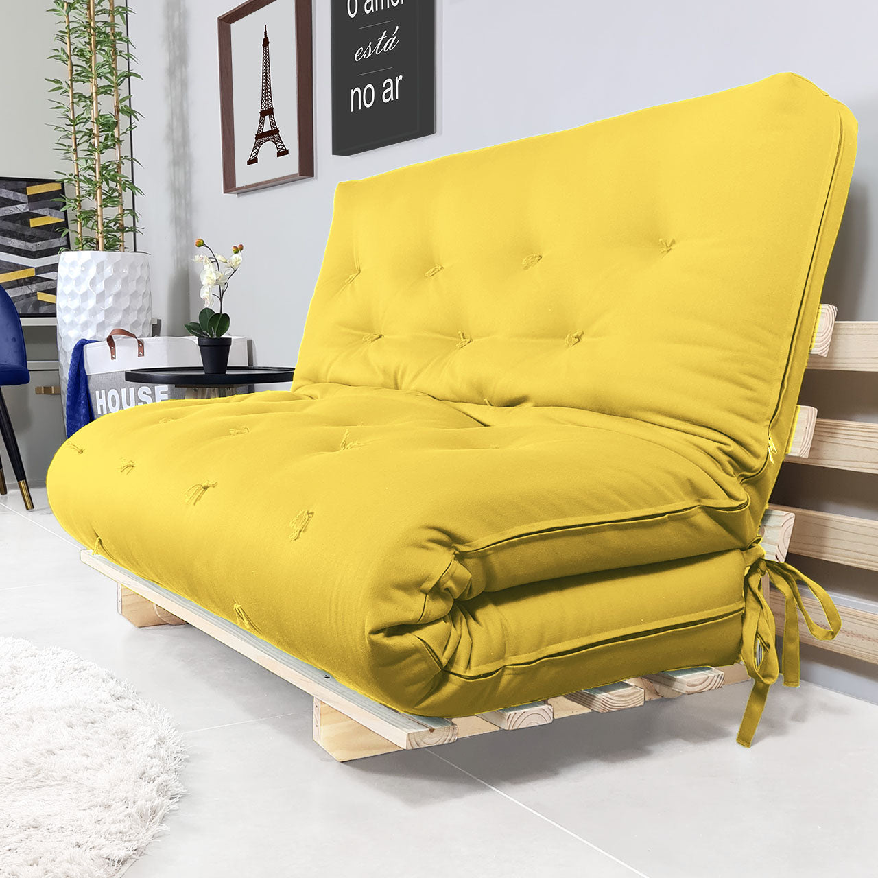 Sofa Cama Casal Futon Oriental Madeira Maciça Acquablock Amarelo