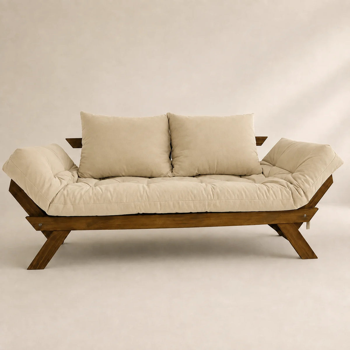 Sofá Cama Reclinável Futon Japão - Madeira Imbuia Tecido Sarja Cor Bege Claro