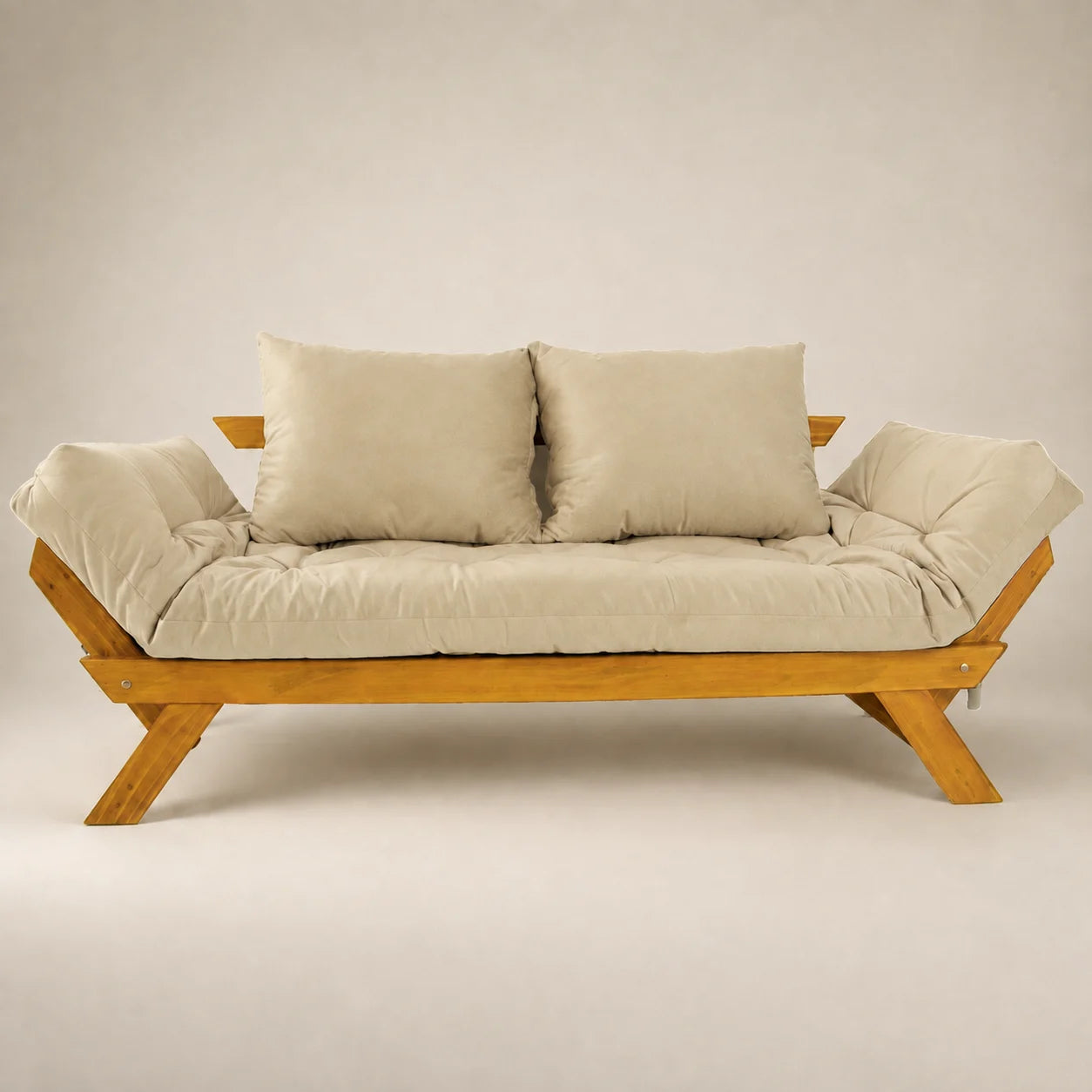 Sofá Cama Reclinável Futon Japão - Madeira Mel Tecido Sarja Cor Bege Claro