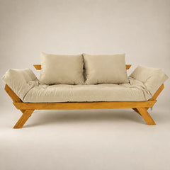 Sofá Cama Reclinável Futon Japão - Madeira Mel Tecido Sarja Cor Bege Claro