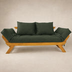 Sofá Cama Reclinável Futon Japão - Madeira Mel Tecido Sarja Cor Verde Militar