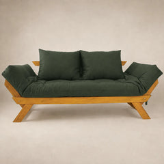Sofá Cama Reclinável Futon Japão - Madeira Mel Tecido Sarja Cor Verde Militar