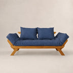 Sofá Cama Reclinável Futon Japão - Madeira Mel Tecido Acquablock Cor Azul Royal