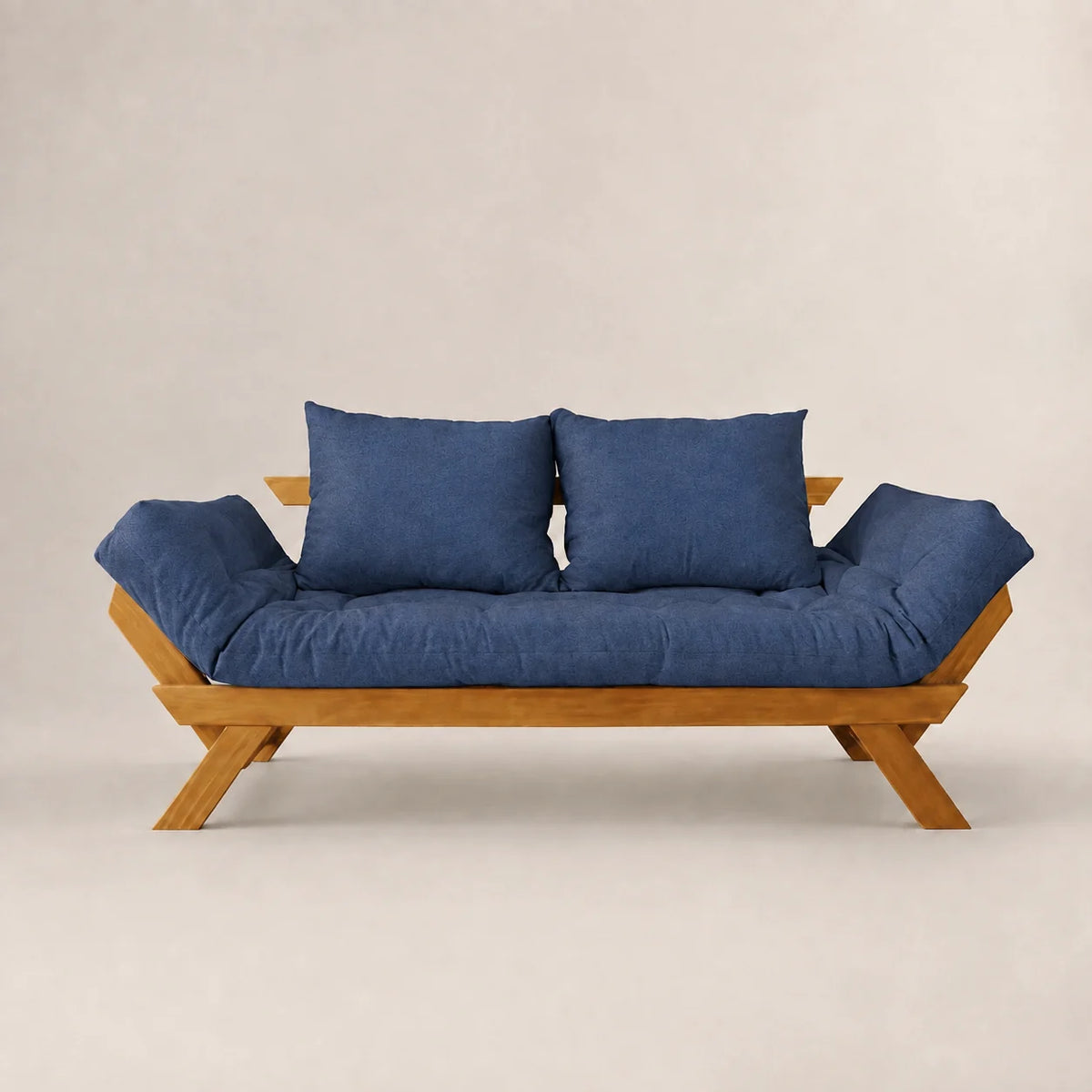 Sofá Cama Reclinável Futon Japão - Madeira Mel Tecido Acquablock Cor Azul Royal