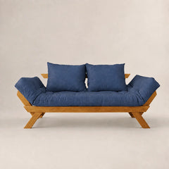 Sofá Cama Reclinável Futon Japão - Madeira Mel Tecido Acquablock Cor Azul Royal
