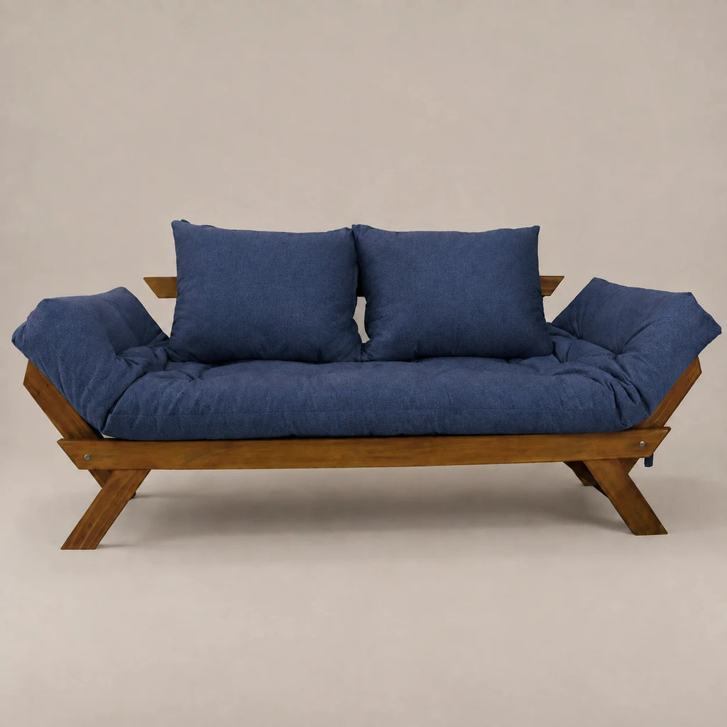 Sofá Cama Reclinável Futon D33 Japão - Madeira Imbuia Tecido  Acquablock Cor Azul Royal