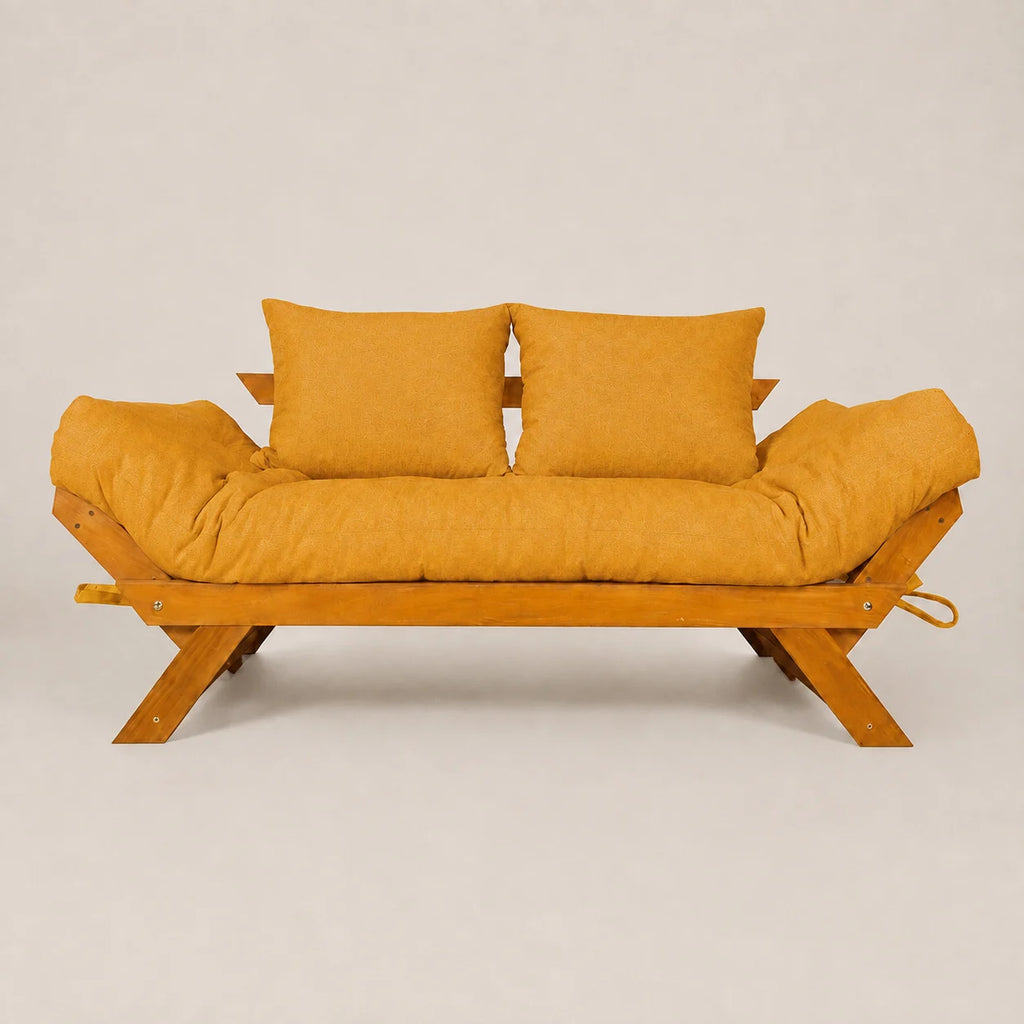 Sofá Cama Futon Reclinável Japão - Madeira Nobre Natural Tecido Acquablock Cor Amarelo