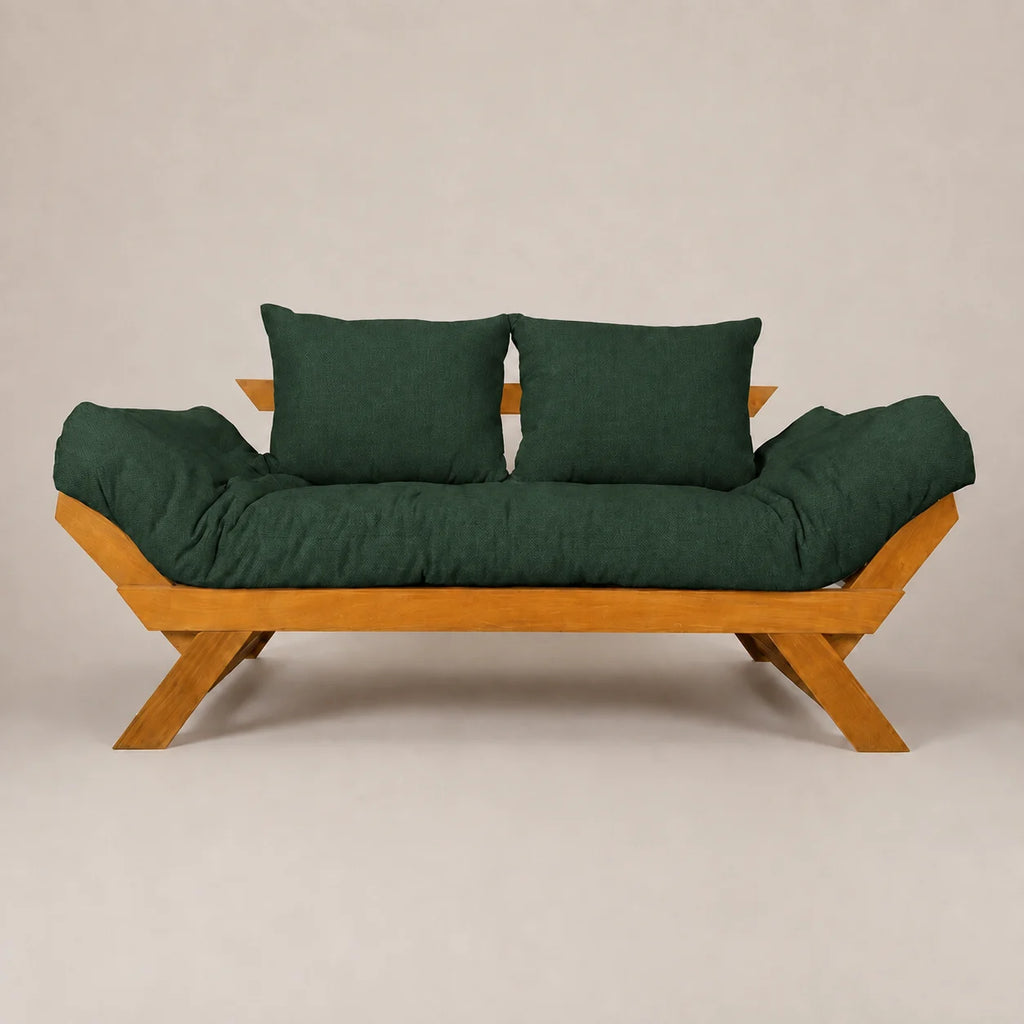 Sofá Cama Futon Reclinável Japão - Madeira Nobre Mel Tecido Acquablock Cor Verde Oliva