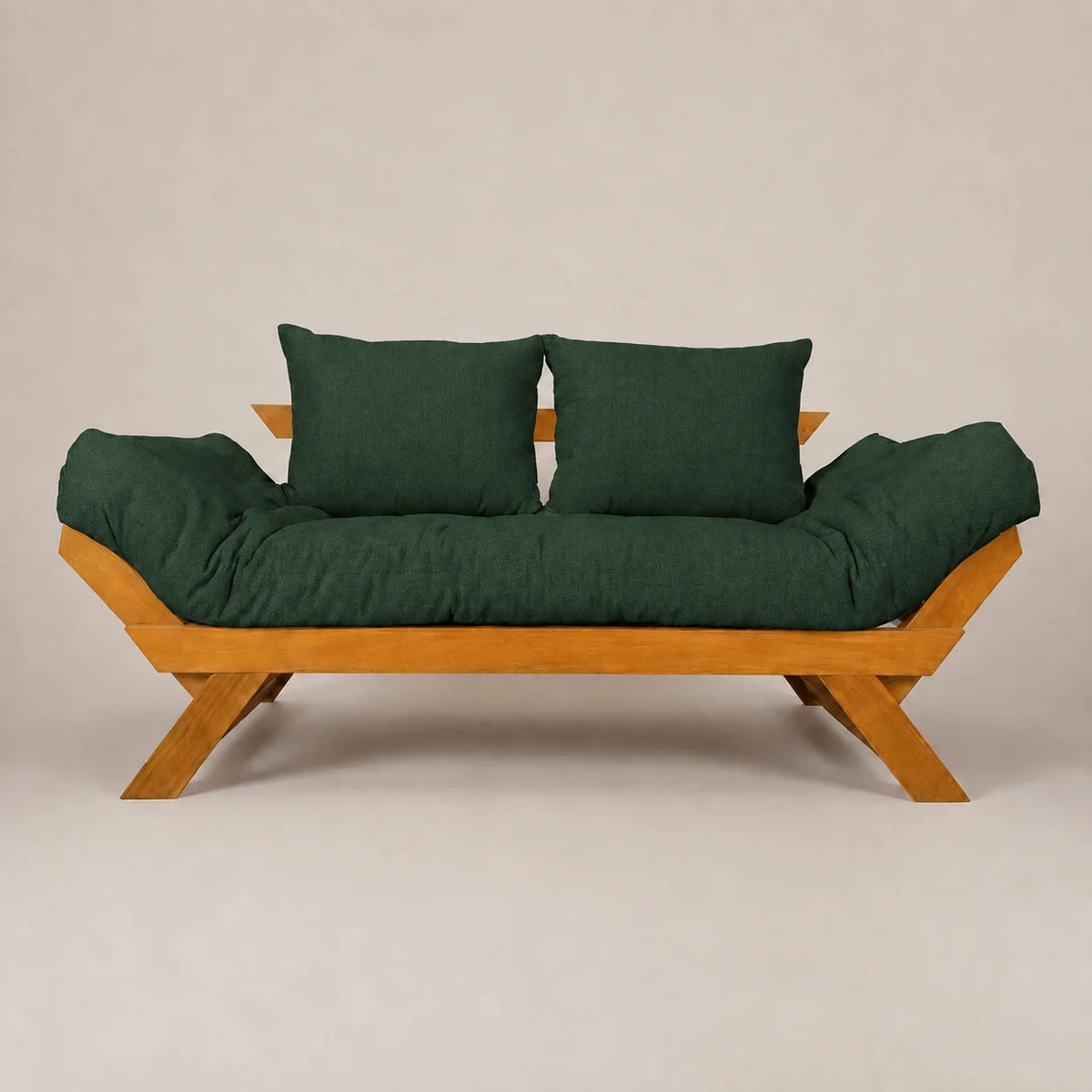 Sofá Cama Futon Reclinável Japão - Madeira Nobre Mel Tecido Acquablock Cor Verde Oliva