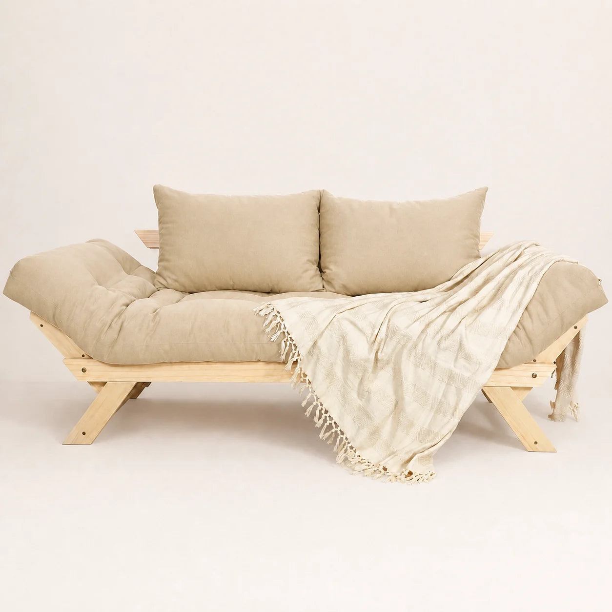 Sofá Cama Reclinável Futon Japão - Madeira Sem Pintura Tecido Sarja Cor Bege Claro