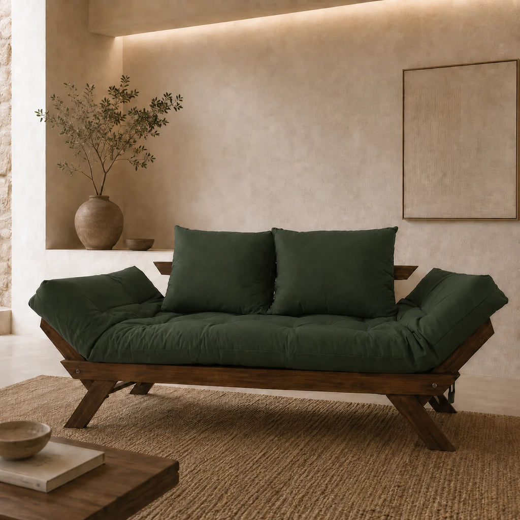 Sofá Cama Reclinável Futon Japão - Madeira Imbuia Tecido Sarja Cor Verde Militar