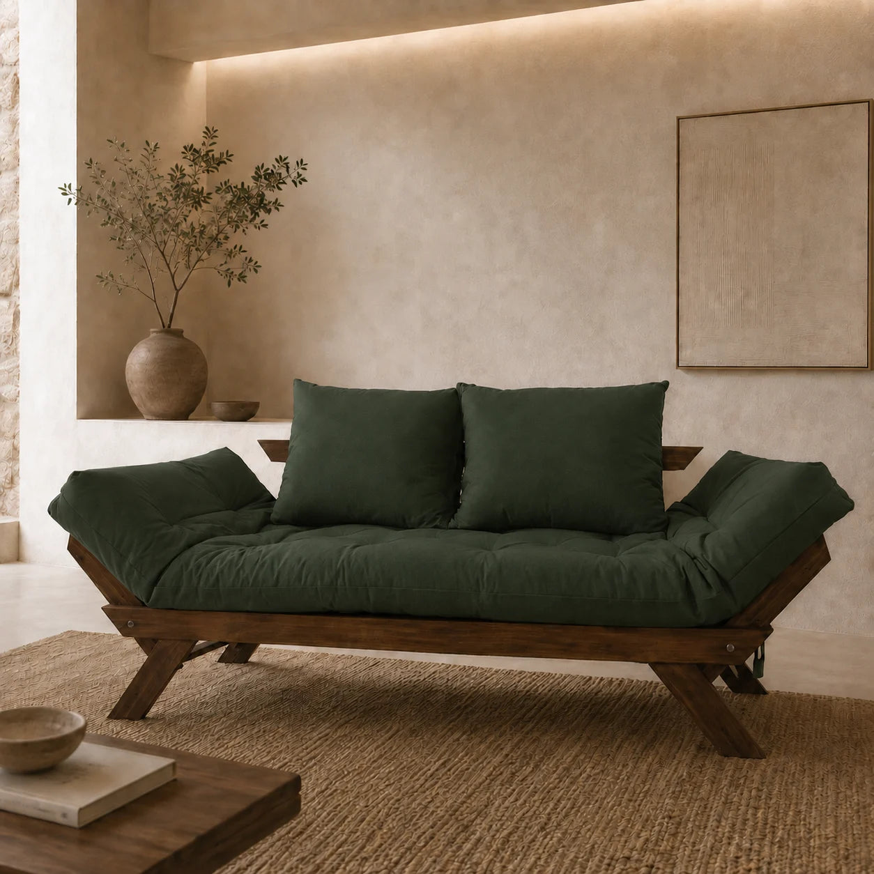 Sofá Cama Reclinável Futon Japão - Madeira Imbuia Tecido Sarja Cor Verde Militar