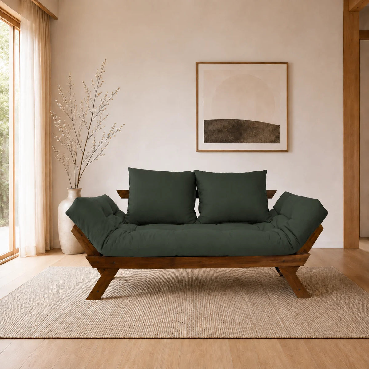 Sofá Cama Reclinável Futon D33 Japão - Madeira Imbuia Tecido Sarja Cor Verde Militar