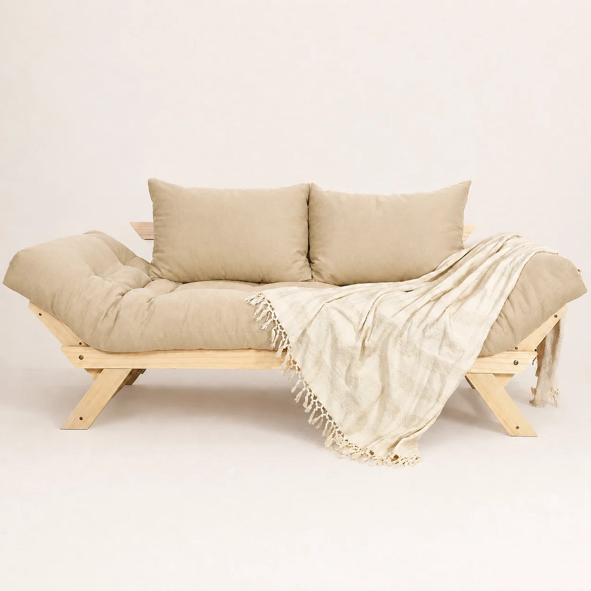 Sofá Cama Reclinável Futon Japão D33 - Madeira Sem Pintura Tecido Sarja Cor Bege Claro