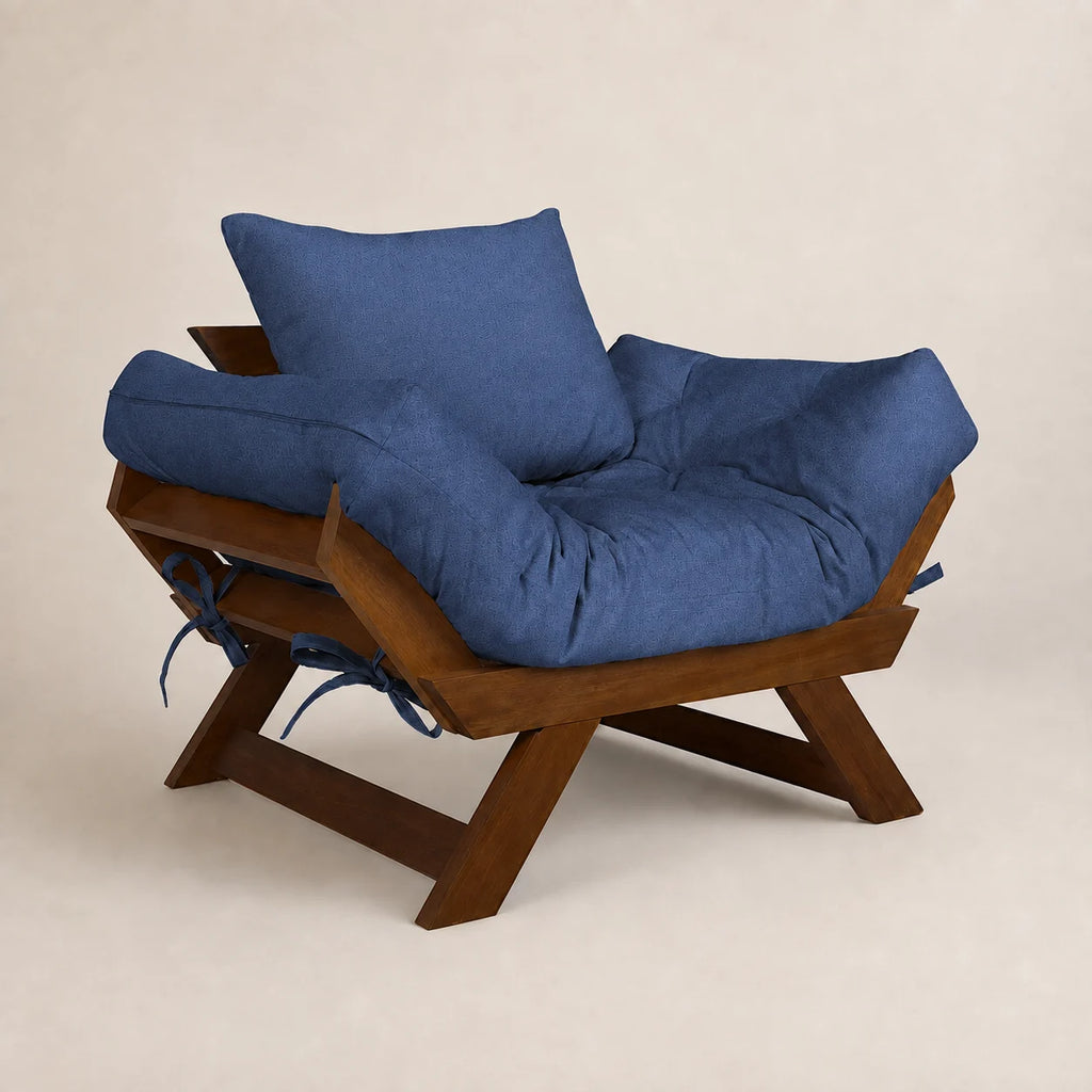 Poltrona Japão Acquablock Madeira Nobre Imbuia - Azul Royal