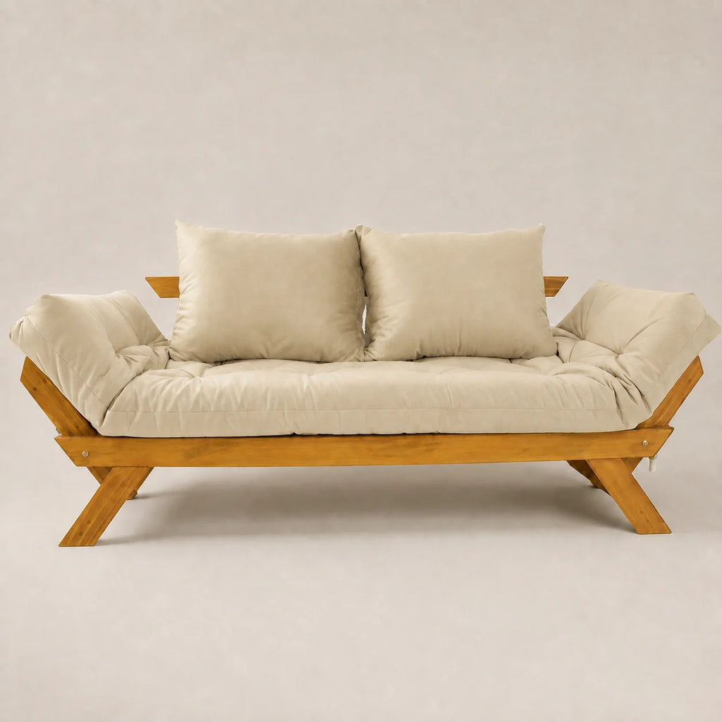 Sofá Cama Reclinável Futon D33 Japão - Madeira Mel Tecido Sarja Cor Bege