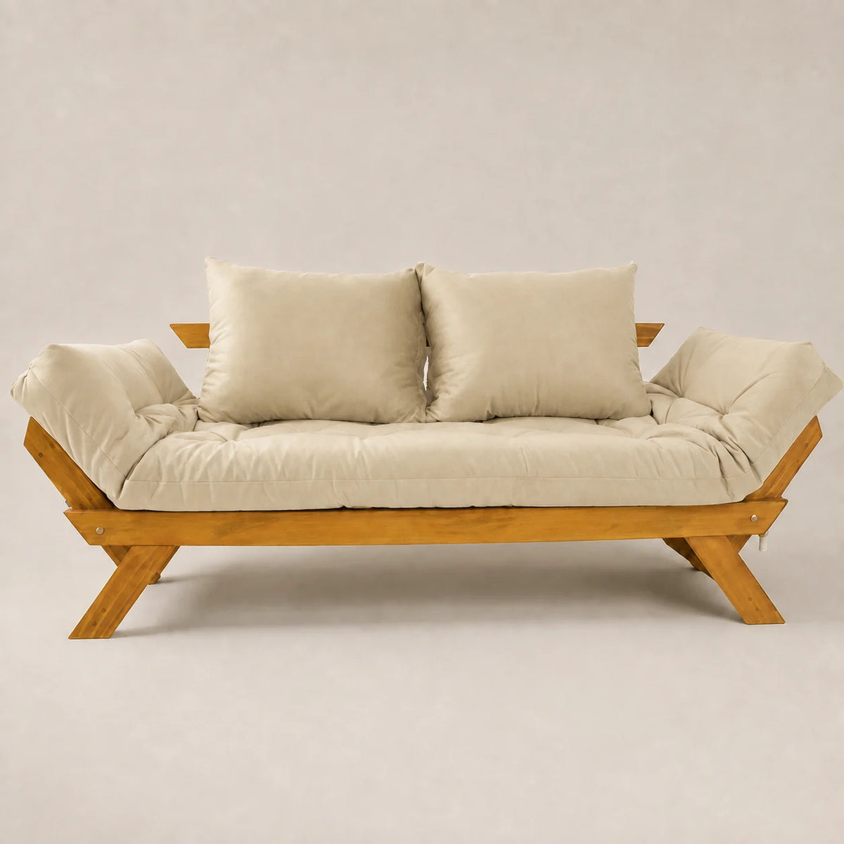 Sofá Cama Reclinável Futon D33 Japão - Madeira Mel Tecido Sarja Cor Bege