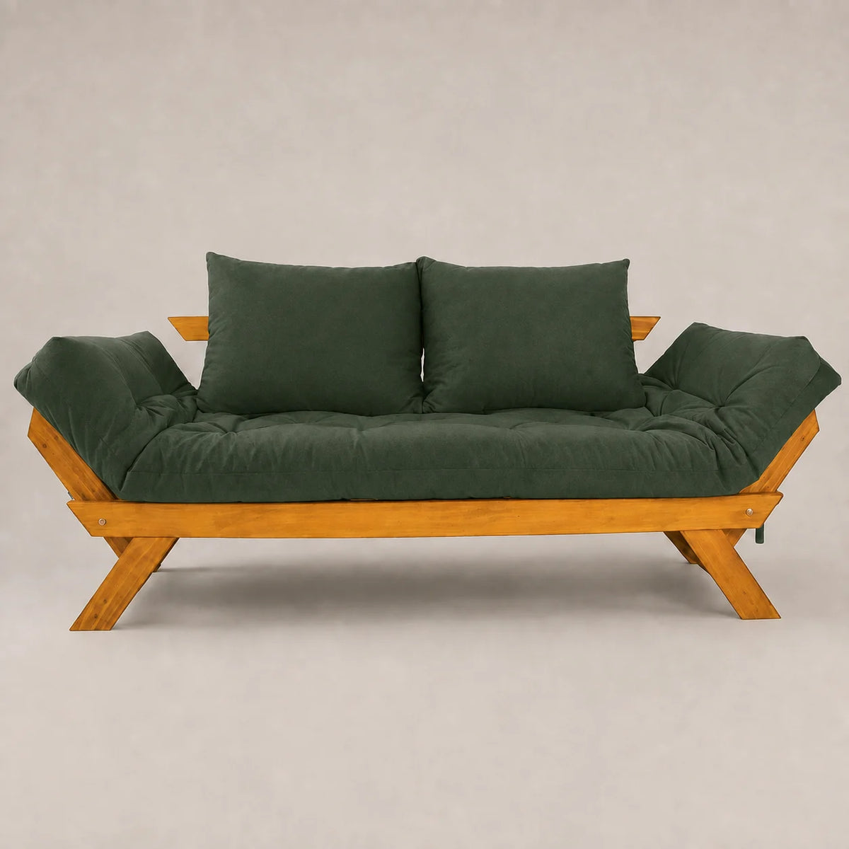 Sofá Cama Reclinável Futon D33 Japão - Madeira Mel Tecido Sarja Cor Verde Militar