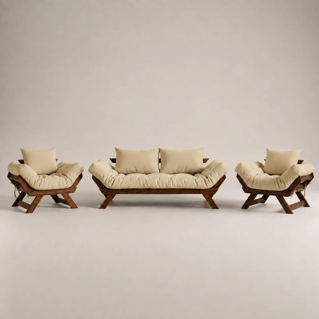 Kit Sofá Japão + 2 Poltronas Sarja Madeira Cor Imbuia