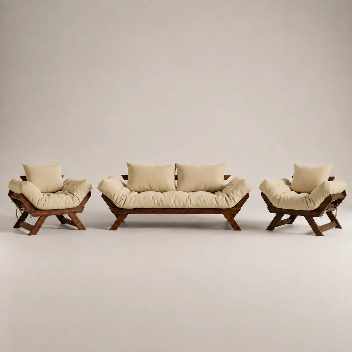 Kit Sofá Japão + 2 Poltronas Sarja Madeira Cor Imbuia — Bege