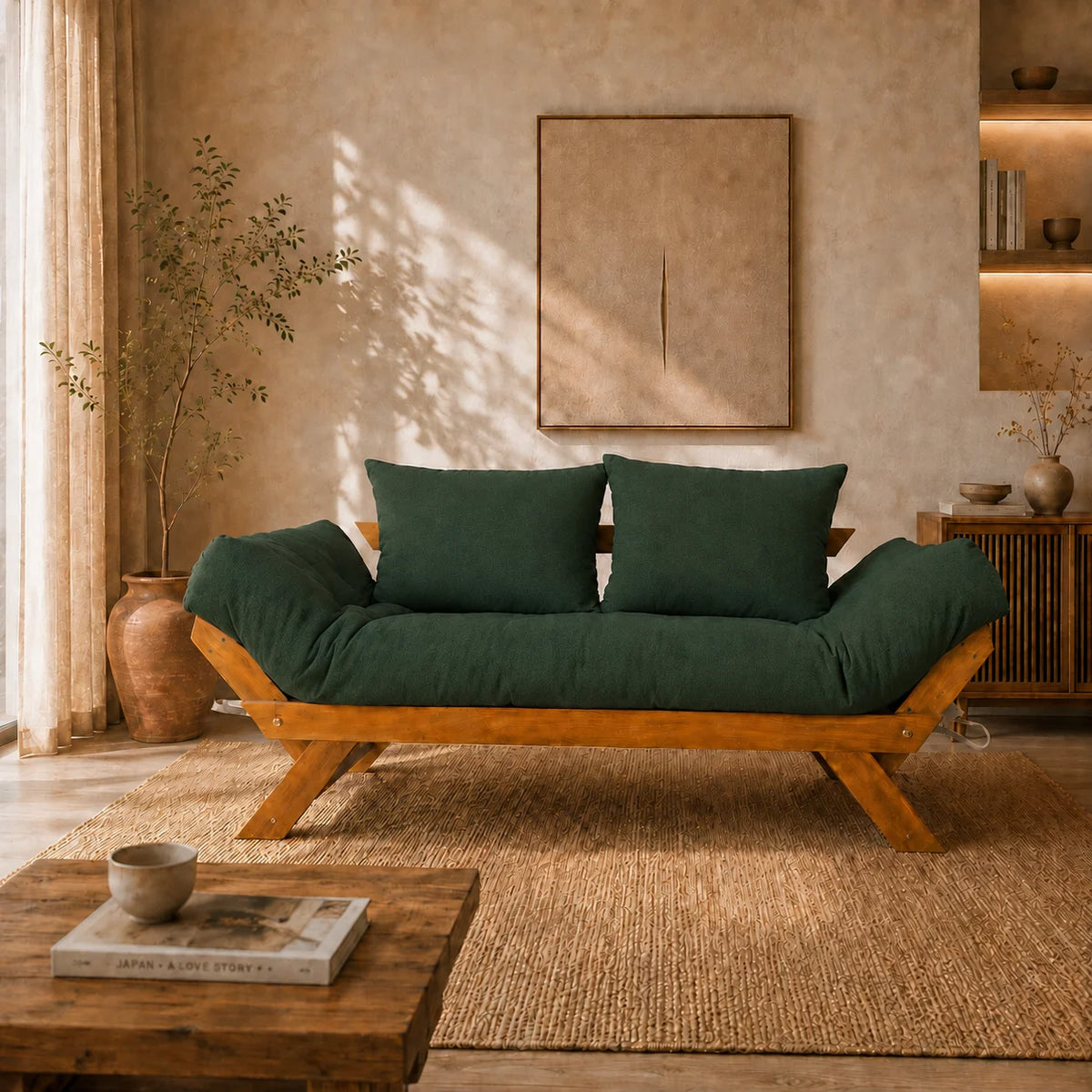 Sofá Cama Reclinável Futon Japão  - Madeira Mel Tecido Acquablock Cor Verde Oliva