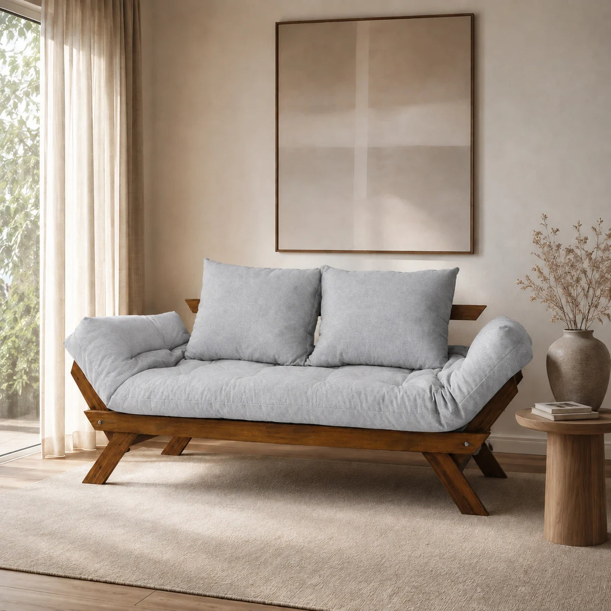 Sofá Cama Reclinável Futon Japão - Madeira Imbuia Tecido Acquablock Cor Cinza Linho