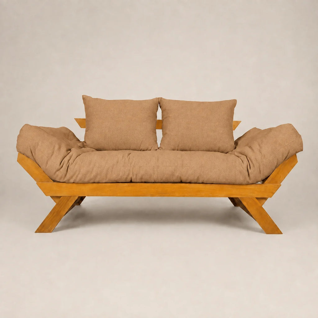 Sofá Cama Reclinável Futon Japão - Madeira Mel Tecido Acquablock Cor Fendi