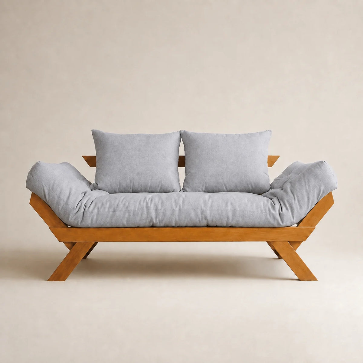 Sofá Cama Futon Reclinável Japão D33  - Madeira Nobre Mel Tecido Acquablock Cor Cinza Linho