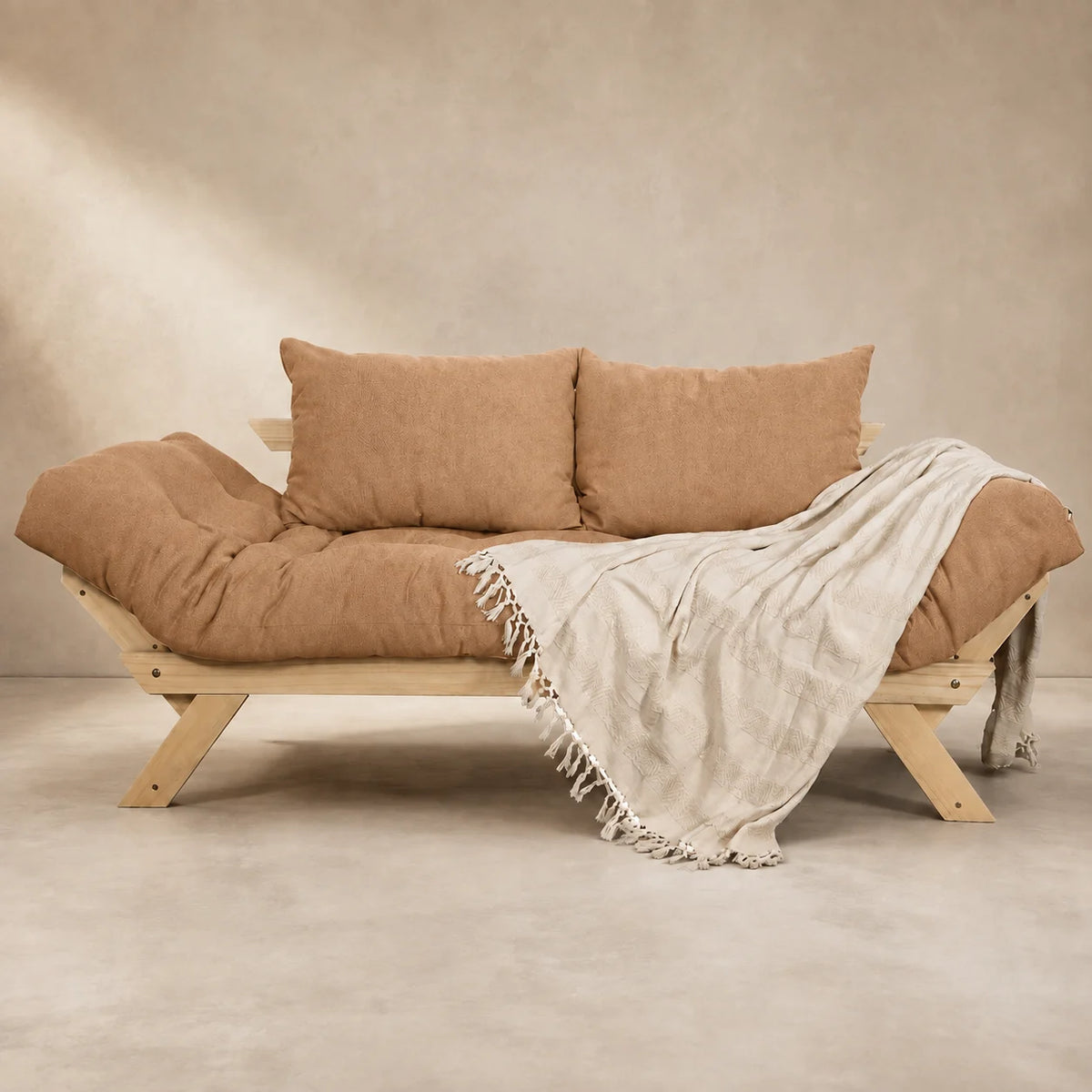 Sofá Cama Reclinável Futon Japão - Madeira Sem Pintura Tecido Acquablock Cor Fendi