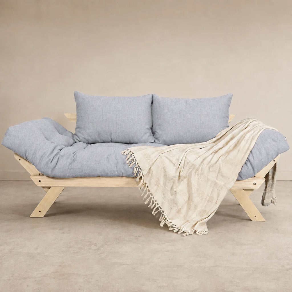 Sofá Cama Reclinável Futon Japão - Madeira Sem Pintura Tecido Acquablock Cor Cinza Linho
