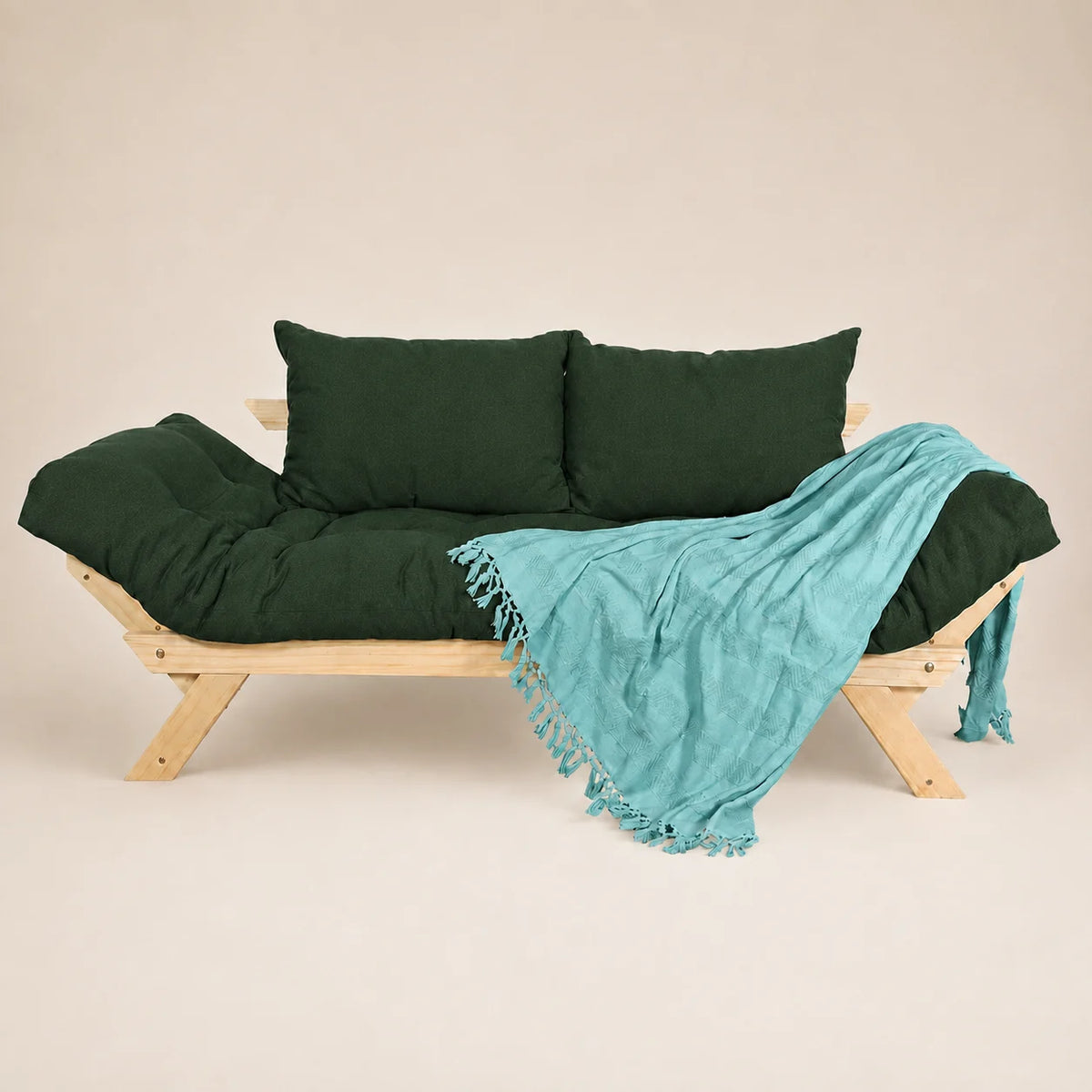 Sofá Cama Reclinável Futon Japão - Madeira Sem Pintura Tecido Acquablock Cor Verde Oliva