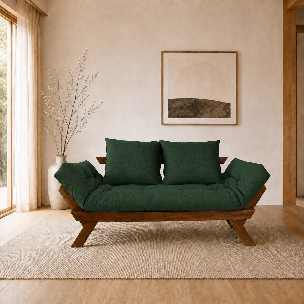 Sofá Cama Reclinável Futon Japão - Madeira Imbuia Tecido Acquablock Cor Verde Oliva