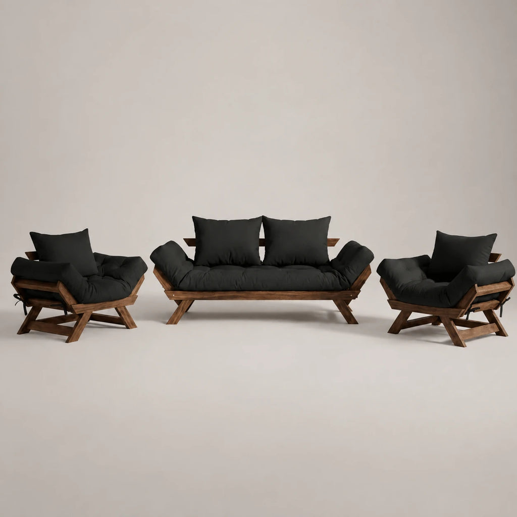 Kit Sofá Japão + 2 Poltronas Sarja Madeira Cor Imbuia
