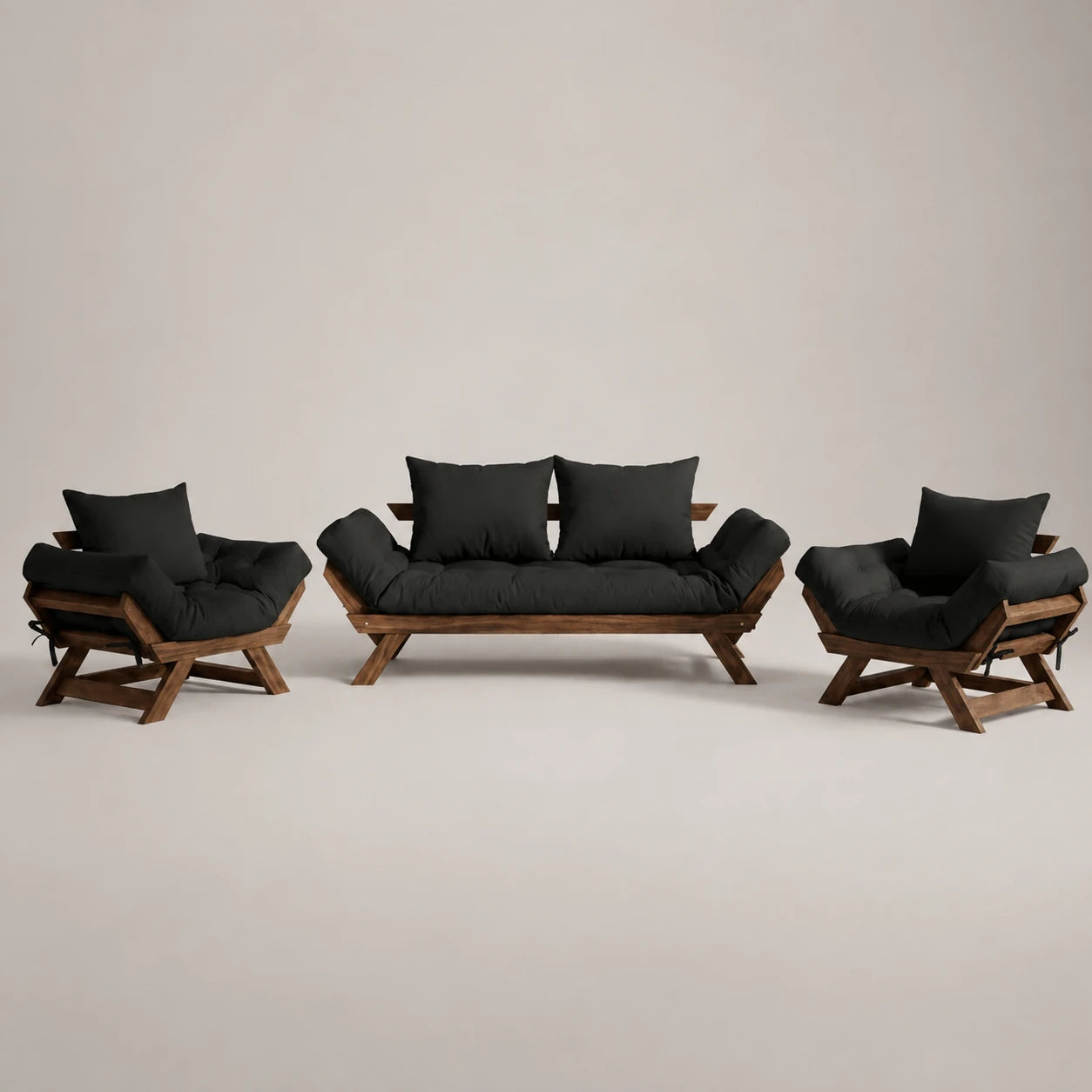 Kit Sofá Japão + 2 Poltronas Sarja Madeira Cor Imbuia