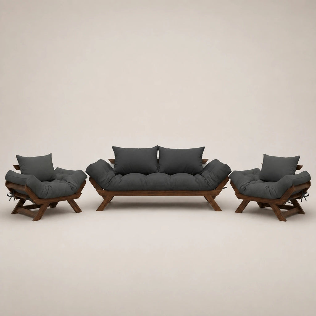 Kit Sofá Japão + 2 Poltronas Sarja Madeira Cor Imbuia