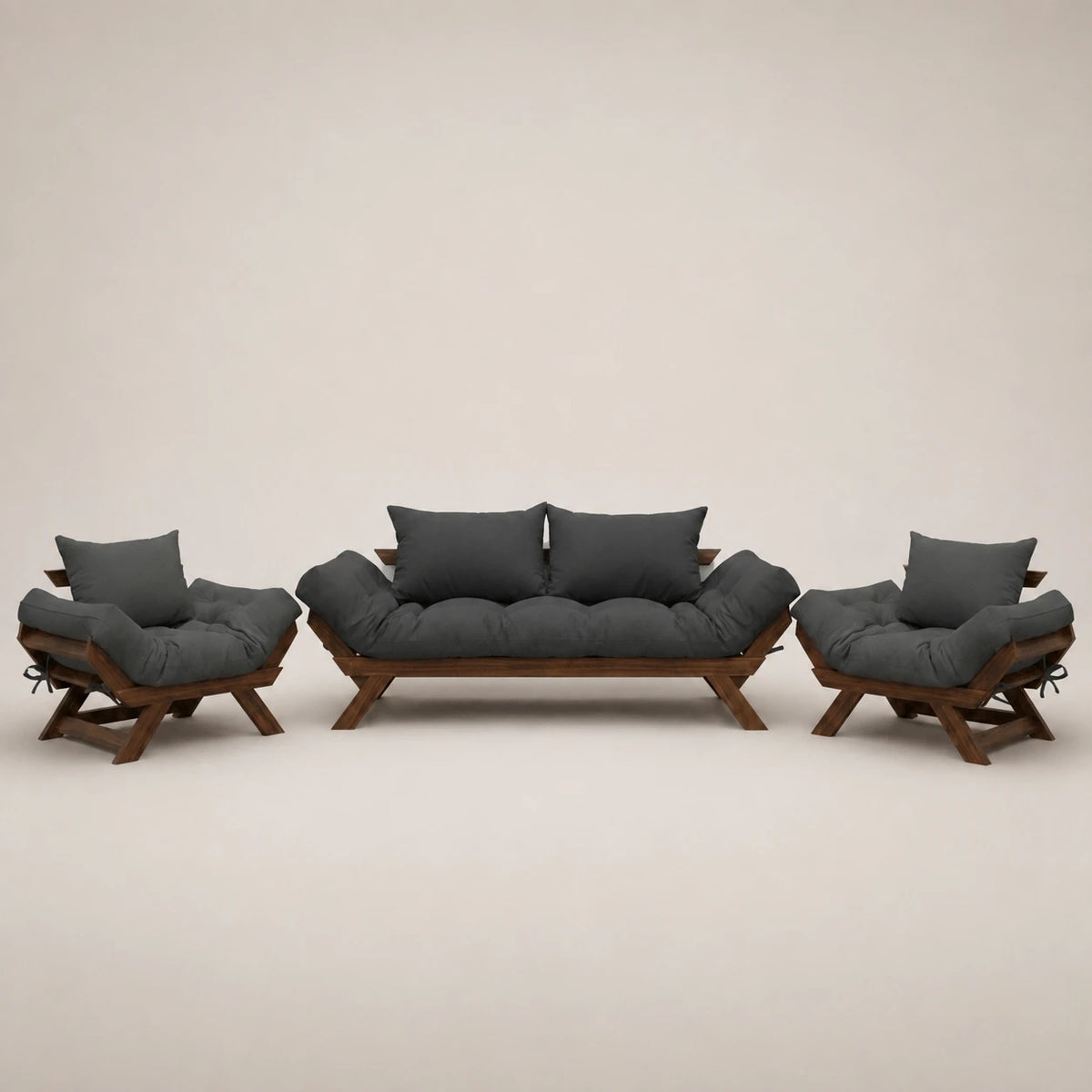 Kit Sofá Japão + 2 Poltronas Sarja Madeira Cor Imbuia — Cinza