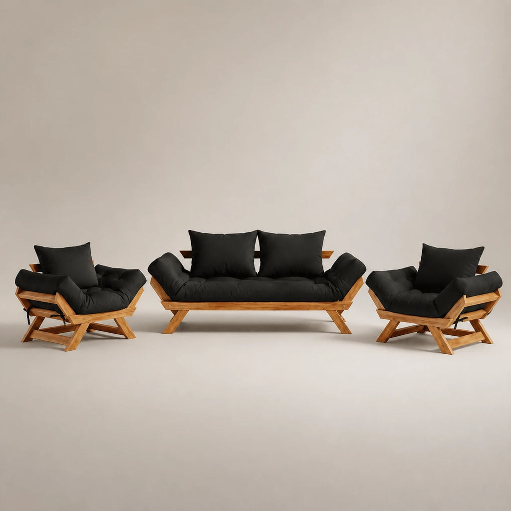 Kit Sofá Japão + 2 Poltronas Sarja Madeira Nobre Cor Mel