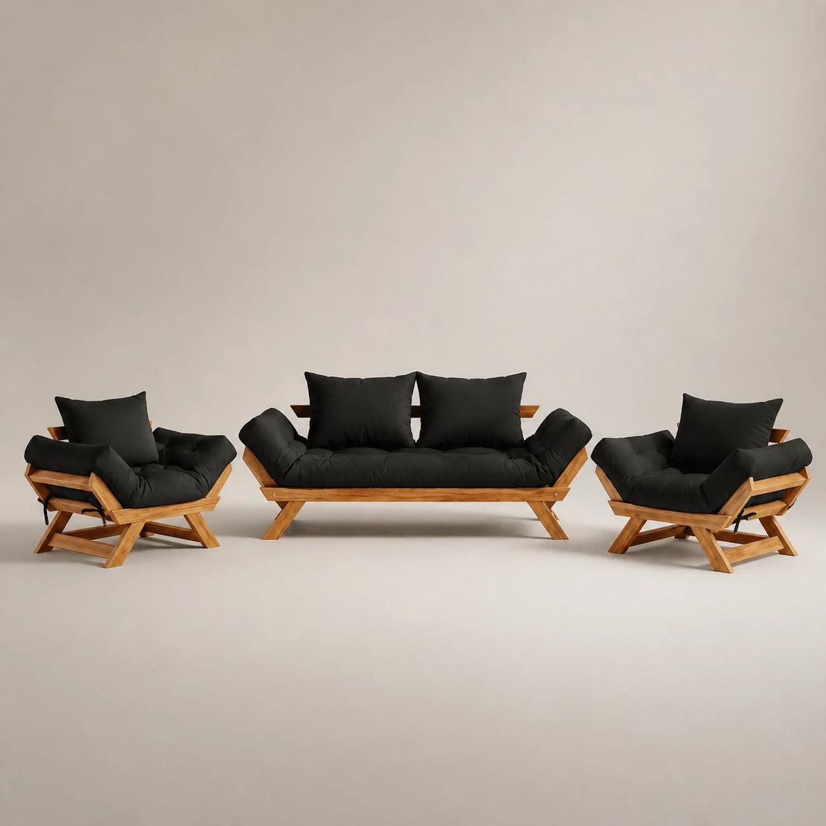 Kit Sofá Japão + 2 Poltronas Sarja Madeira Nobre Cor Mel