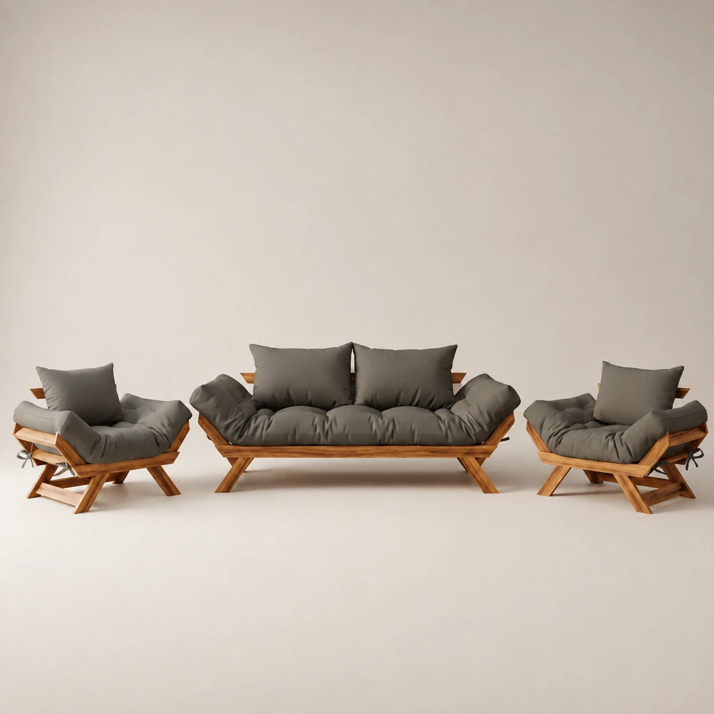 Kit Sofá Japão + 2 Poltronas Sarja Madeira Nobre Cor Mel